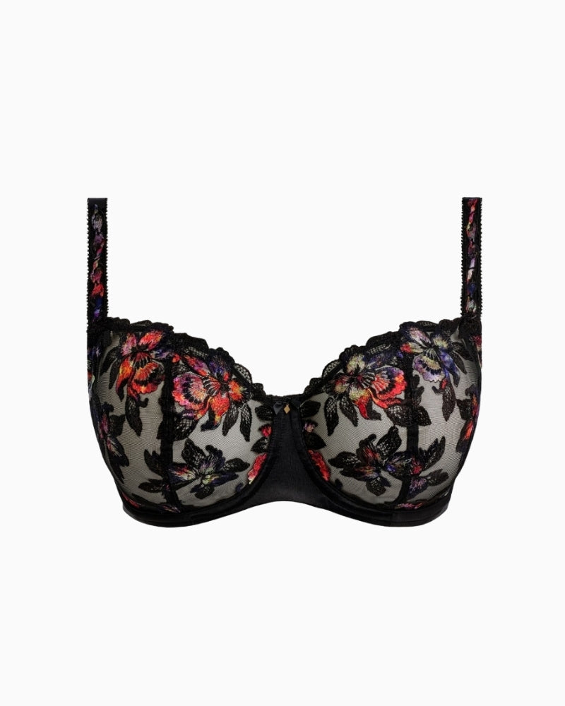 Front view of Magdalena Noir bra showing uplifted cup shape and embroidery