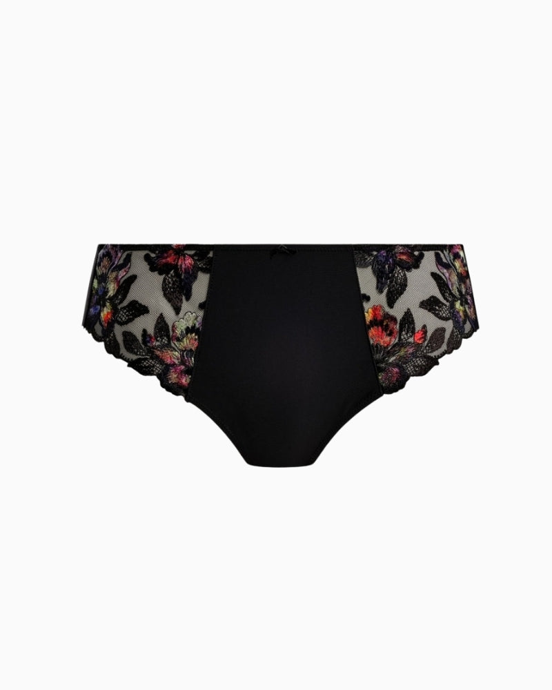 Front view of Magdalena Noir brief showing embroidery in sunset hues
