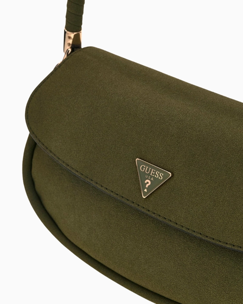 GUESS Danya Suede Shoulder Bag in Green Multi logo close-up
