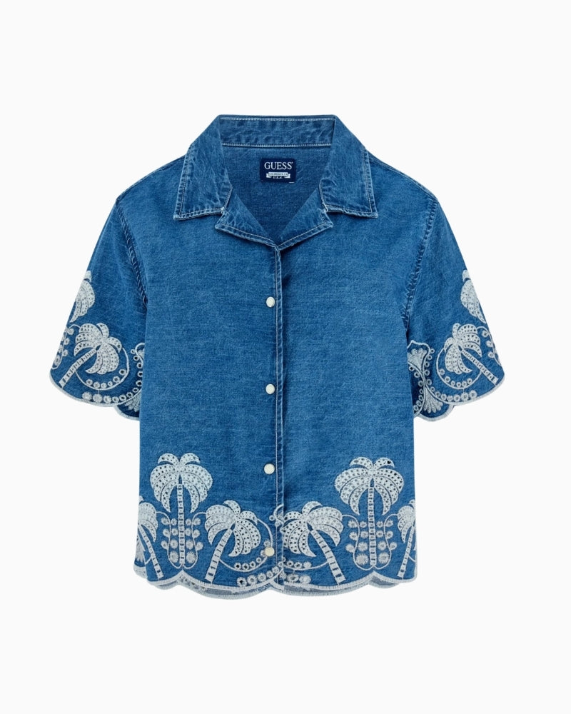 GUESS Embroidered Shirt in denim front view flat