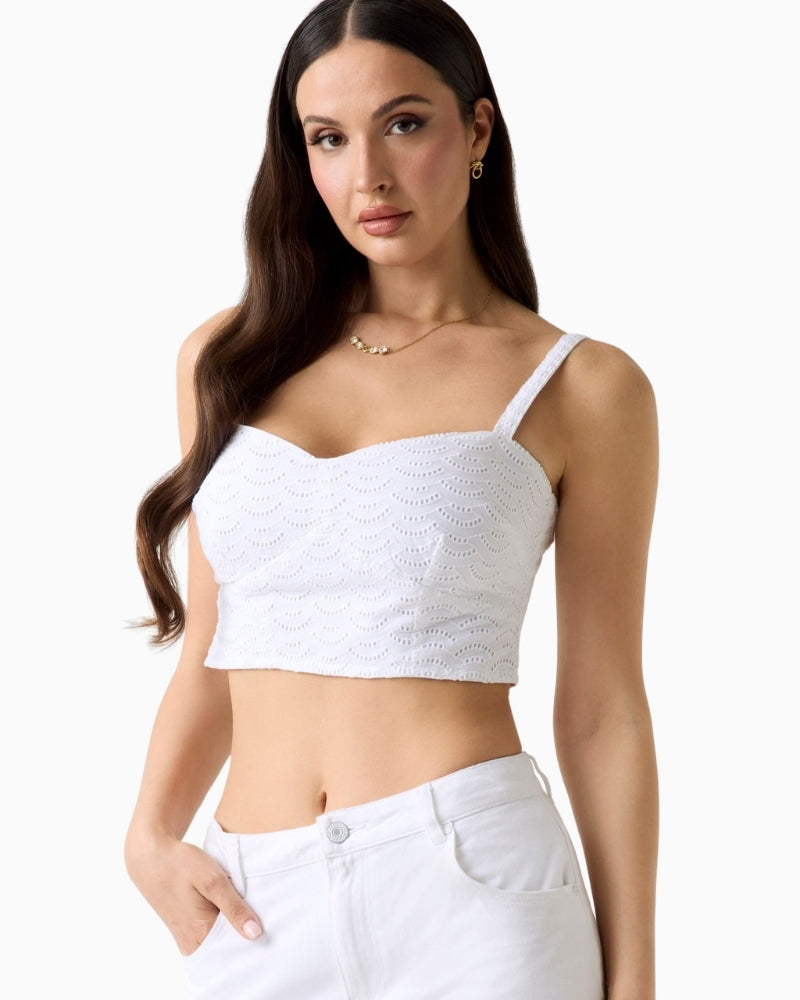 GUESS Eyelets Top in White fabric eyelet detail
