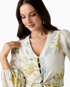 GUESS Linen-Blend Blouse in white and green detail of V neckline