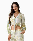 GUESS Linen-Blend Blouse in white and green front view