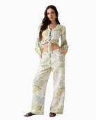 GUESS Linen-Blend Blouse in white and green front view on model