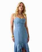 GUESS Marina Chambray Midi Dress in blue close up view
