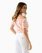 GUESS Off Shoulder Eyelets Top in peach back view
