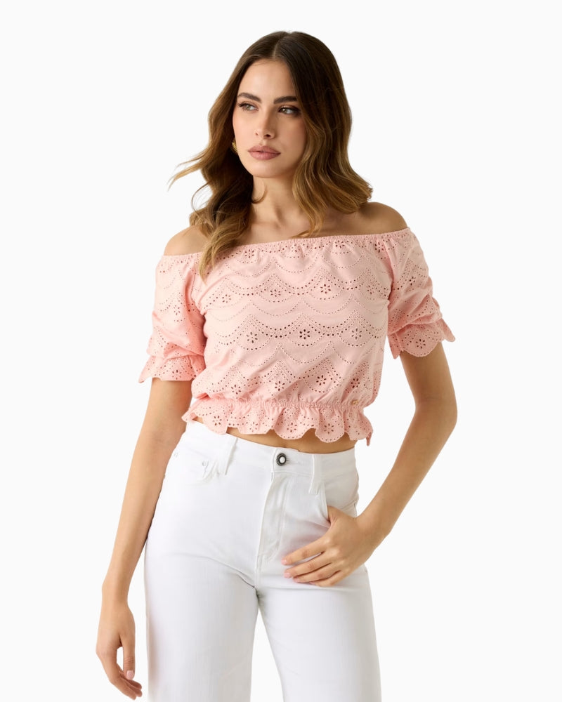 GUESS Off Shoulder Eyelets Top in peach front view
