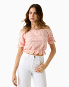 GUESS Off Shoulder Eyelets Top in peach front view