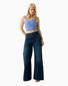 GUESS Striped Crop Top in blue and white front view on model