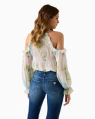 GUESS chiffon blouse green multi back view off shoulder design