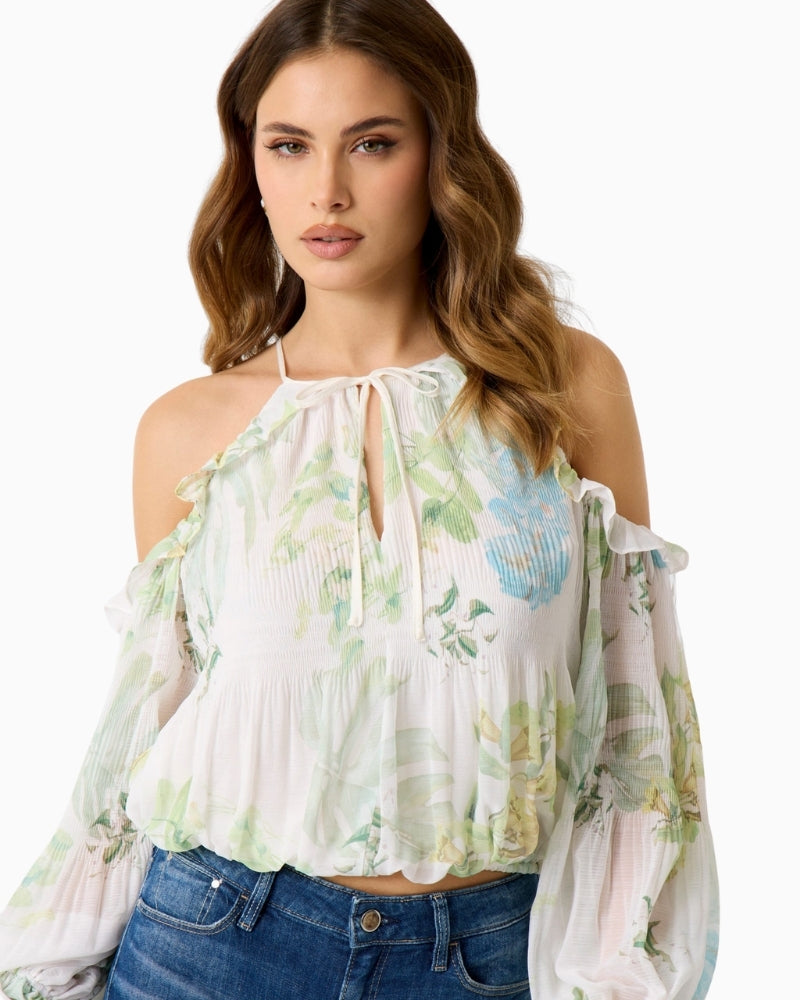 GUESS chiffon blouse green multi close up printed chiffon detail