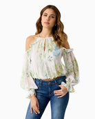 GUESS chiffon blouse green multi front view off shoulder halter neckline