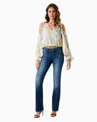 GUESS chiffon blouse green multi full length styling with jeans