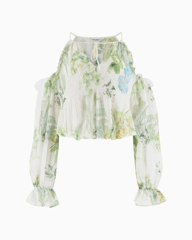 GUESS chiffon blouse green multi full outfit cropped long sleeve

