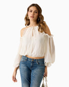 GUESS chiffon blouse white front view off shoulder halter neckline