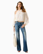 GUESS chiffon blouse white full outfit cropped fit long sleeves