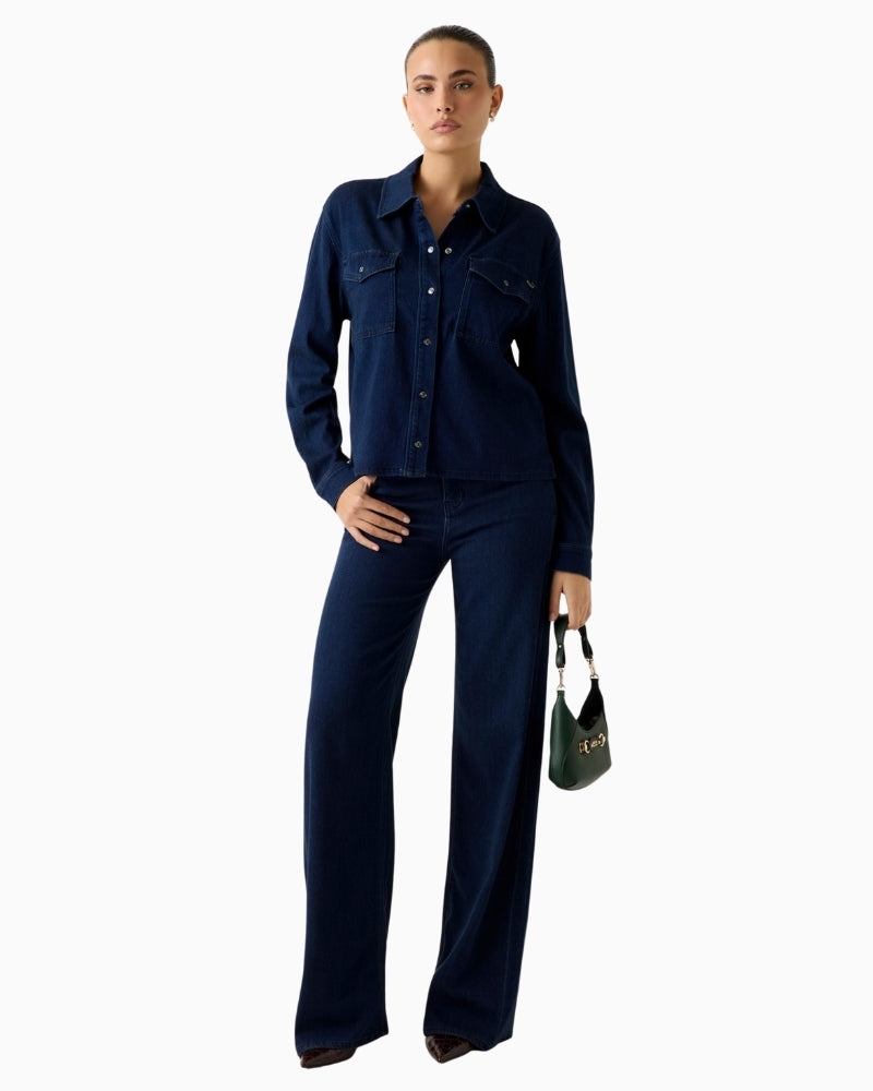 GUESS dark blue wide-leg jeans full outfit view