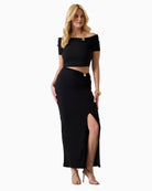 GUESS off shoulder draped knit top black full outfit with matching skirt