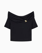 GUESS off shoulder draped knit top black product flat lay