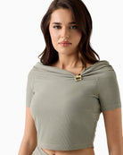 GUESS off shoulder draped knit top green close-up draped neckline with jewel
