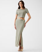GUESS off shoulder draped knit top green full outfit with skirt