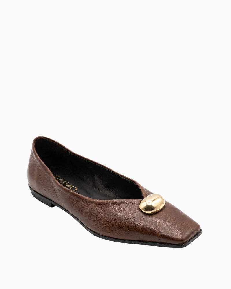 Gaimo Adea Ballerina Flat in chocolate brown suede, front view showing square toe.