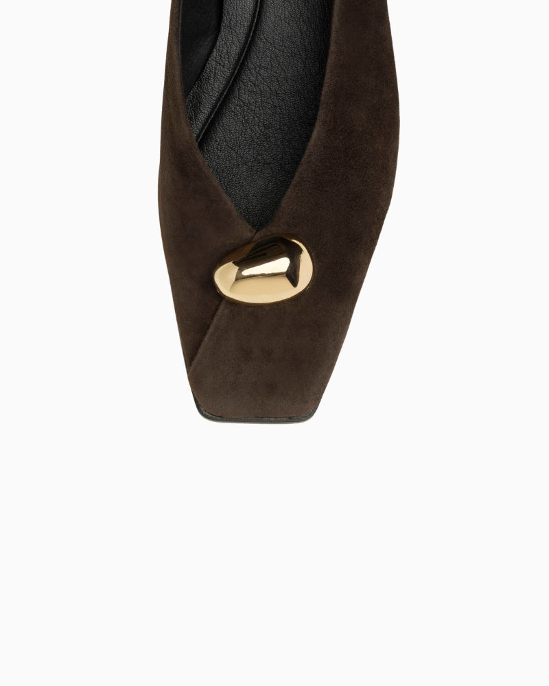 Gaimo Adea Ballerina Flat in chocolate brown suede square toe detail