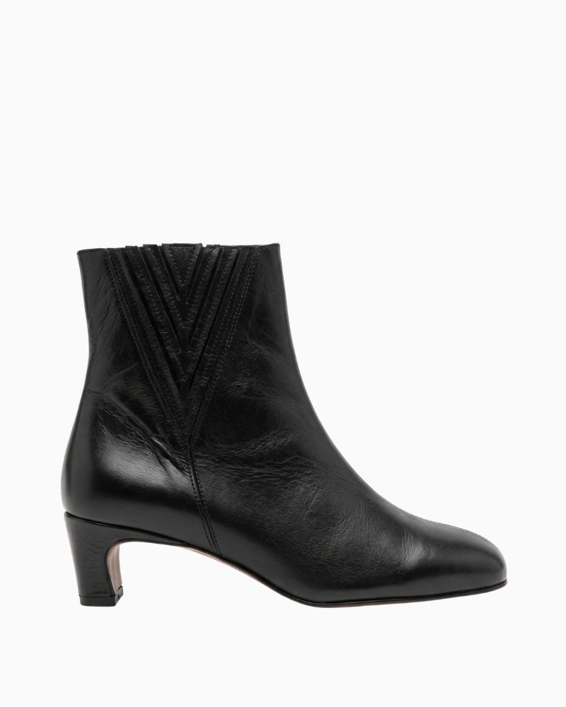 Gaimo Ankle Boot in black side view with low block heel and V-shaped detailing