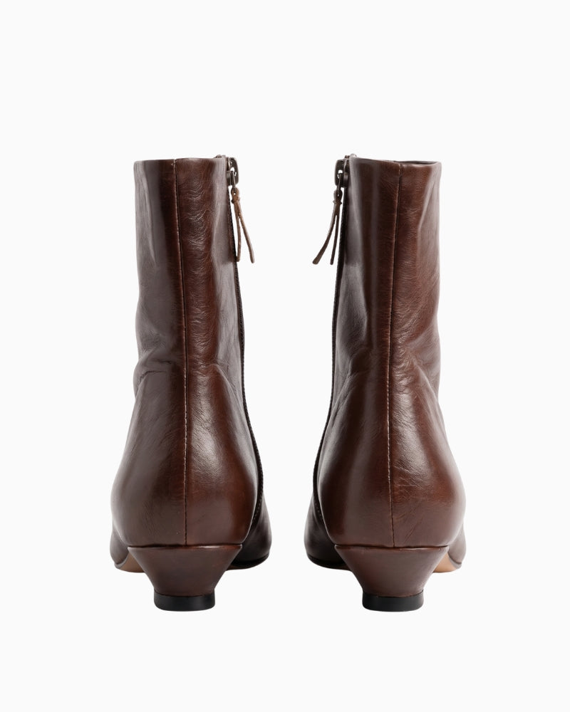 Gaimo Manolia Kitten Heel Ankle Boot in brown back view with low kitten heel