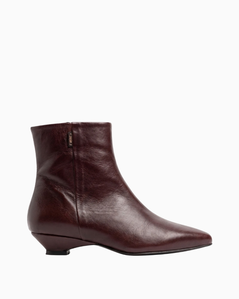 Gaimo Manolia Kitten Heel Ankle Boot in brown side view with pointed toe and kitten heel