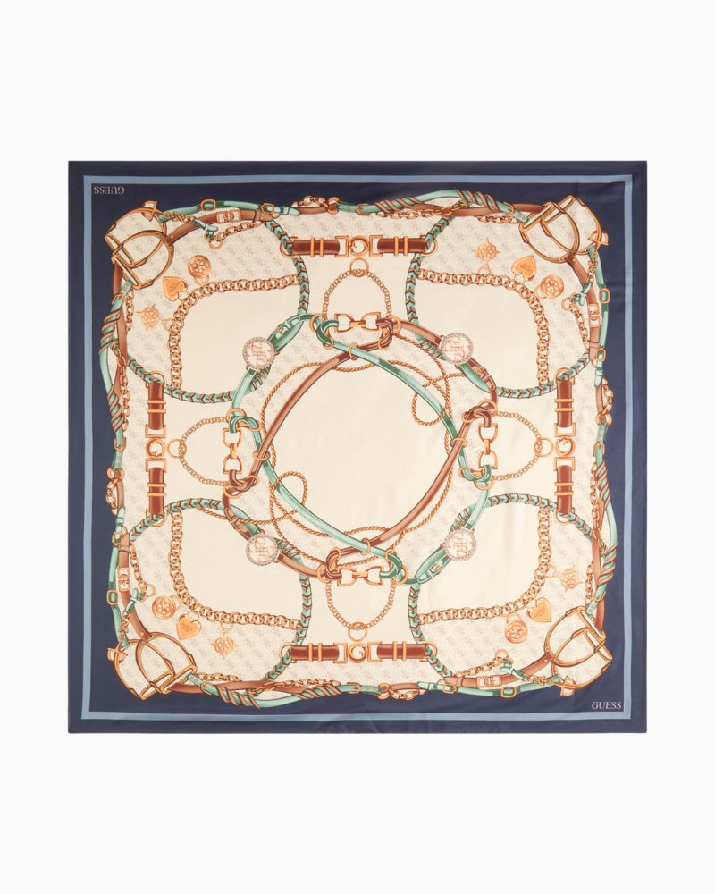 Blue Guess square scarf with 4G logo and gold chain print design