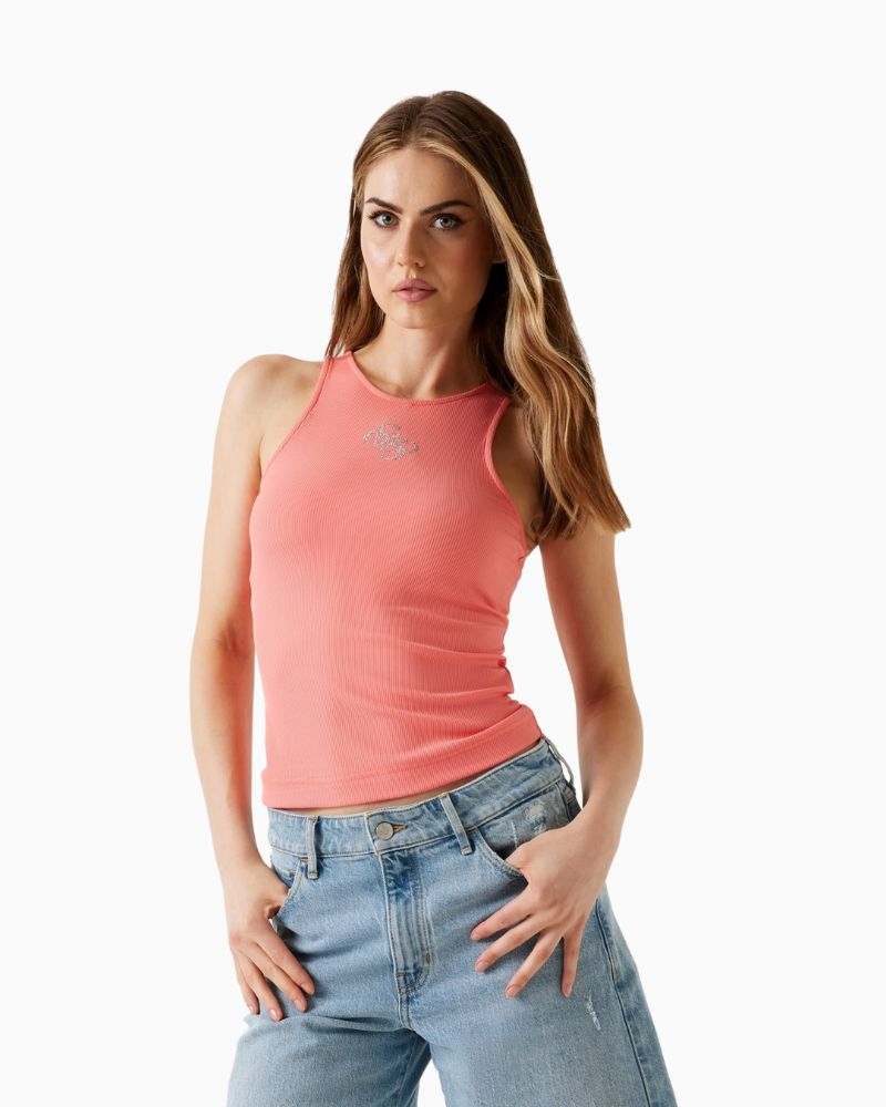 Pink ribbed tank top by Guess with stretch fit and rhinestone 4G logo on front