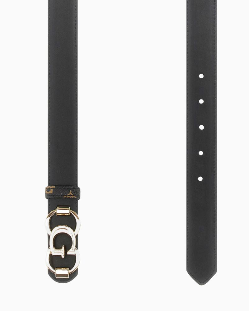 Back view of Guess waist belt showing reversible design with peony logo detail