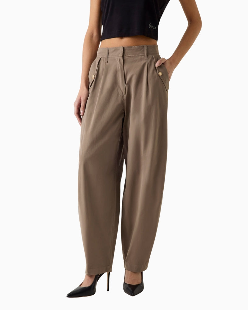 GUESS baggy cotton trousers brown front view on woman – Áines Boutique