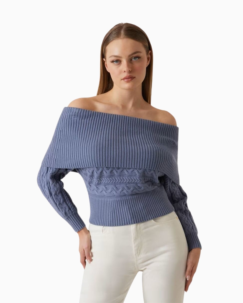 Front view of GUESS Cable Ella Sweater in blue cable knit with off-shoulder style