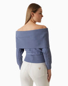 Back view of short fitted GUESS jumper with ribbed hem and batwing sleeves