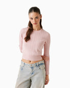 Pink chenille cropped sweater by Guess with cable knit texture