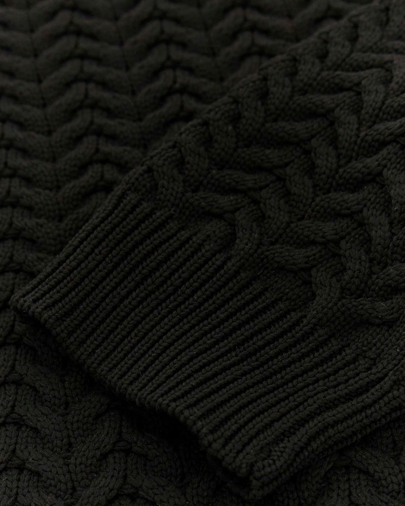 Close-up view of cable knit sweater showing soft texture and cropped length