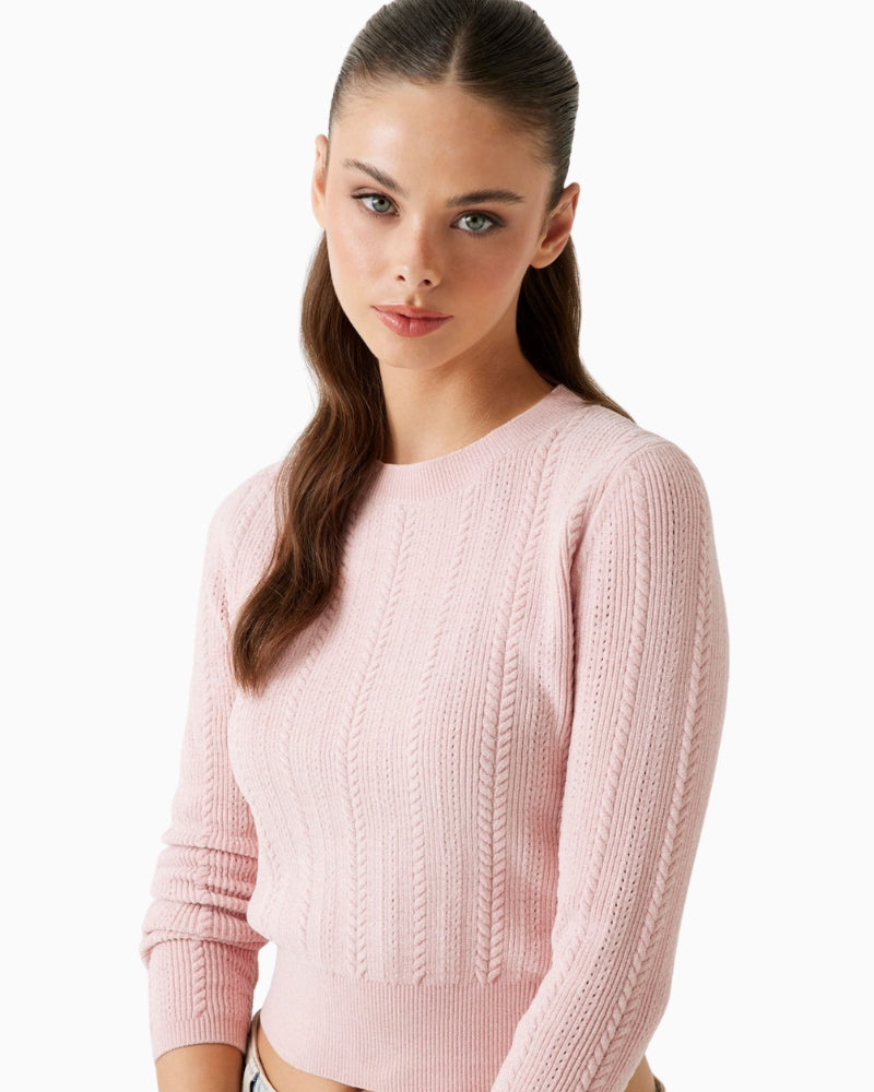 Close-up of plush chenille fabric and cable detailing on cropped sweater
