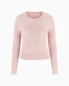 Front view of soft pink knit with crew neck and ribbed trim