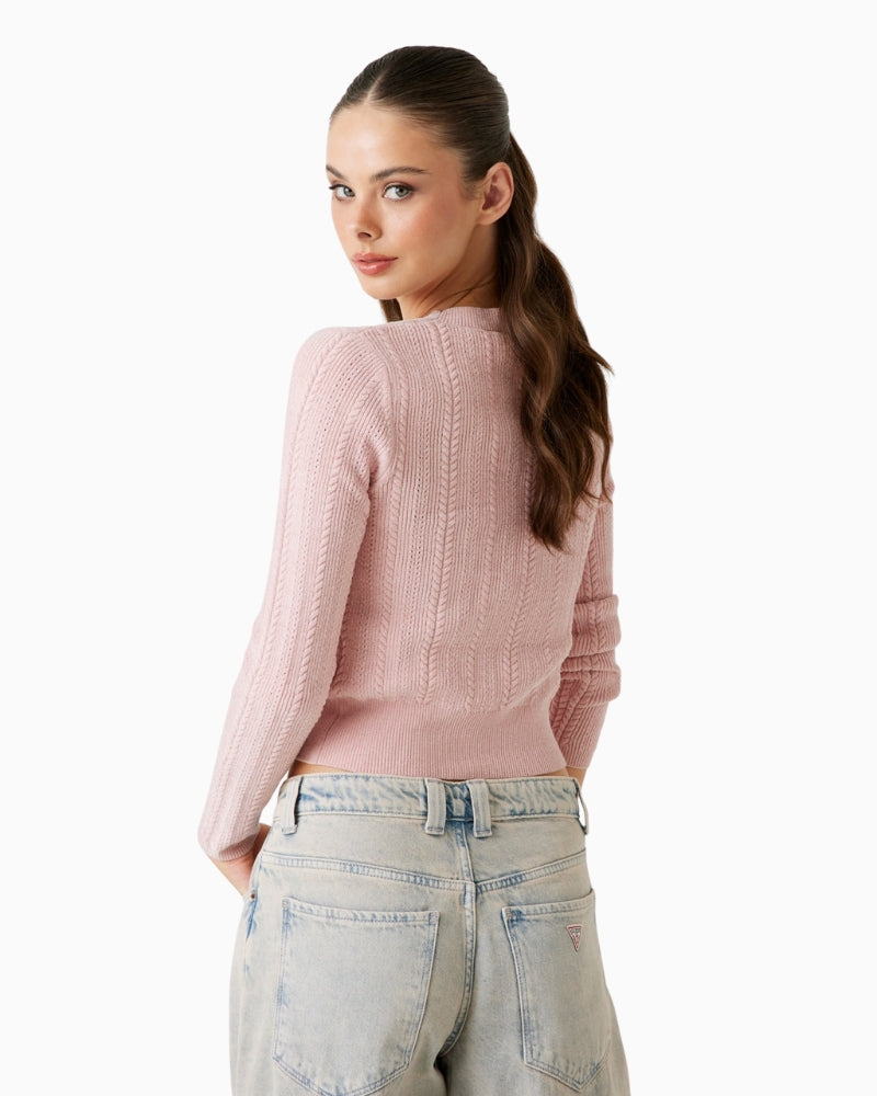 Back view of pink Guess sweater with ribbed hem and cuffs