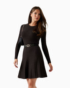 Brown GUESS cable knit sweater dress with long sleeves and matching belt