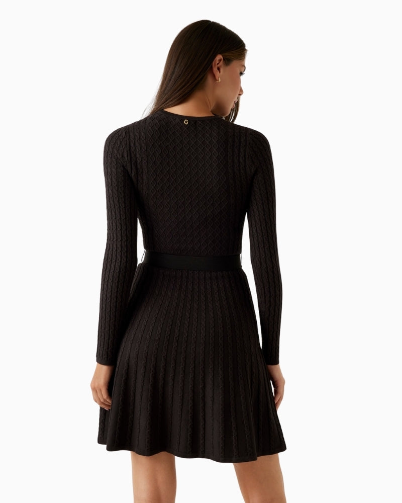 Back of Brown GUESS cable knit sweater dress with long sleeves and matching belt
