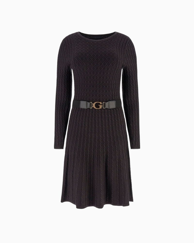 Fit-and-flare knit dress with round neckline and cable texture
