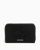 Guess Calebra wallet in black faux leather with gold zip and logo script