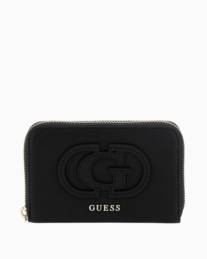 Guess Calebra wallet in black faux leather with gold zip and logo script