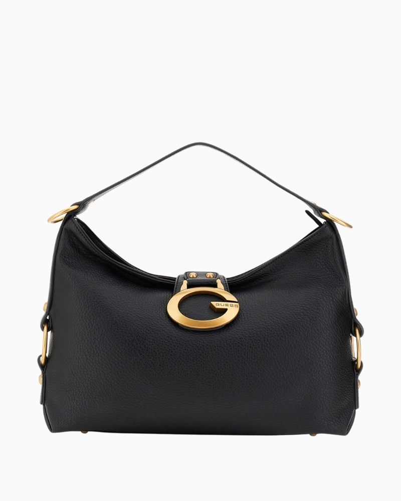 Guess Camden shoulder bag in black faux leather with gold hardware
