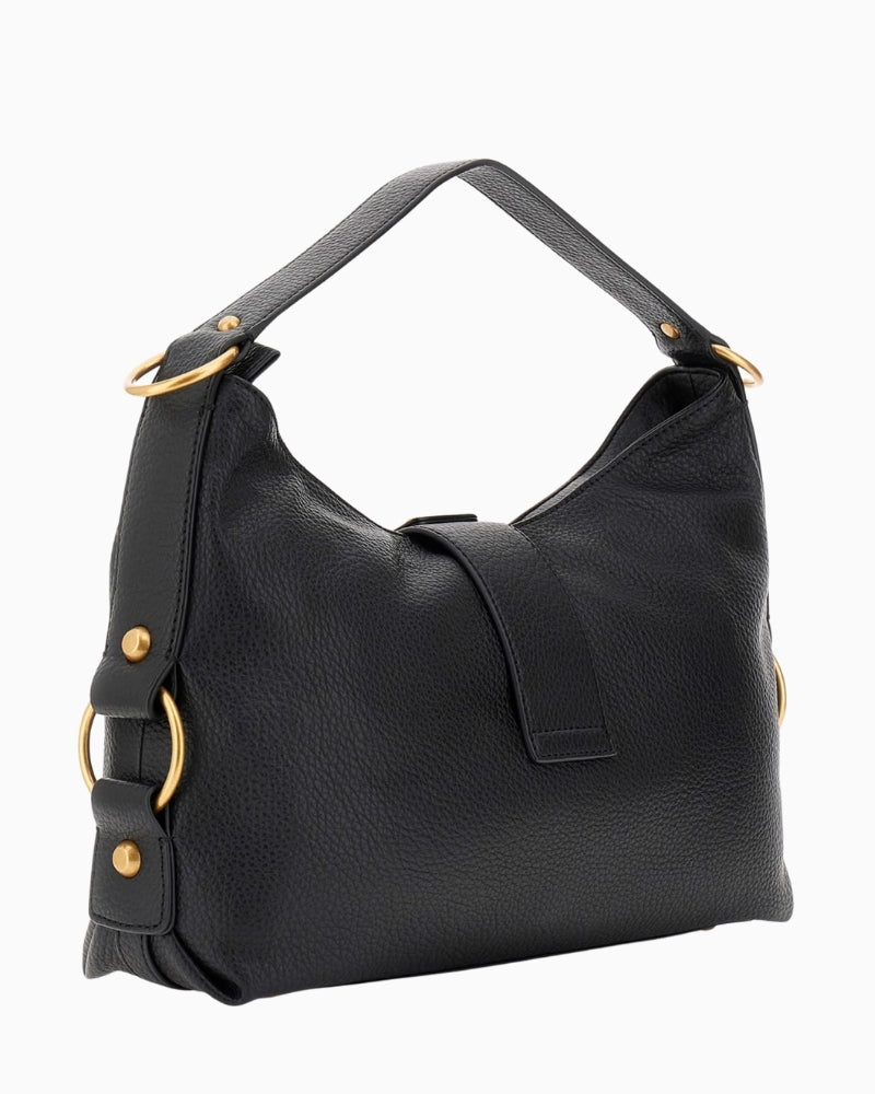 Side view of Camden black shoulder bag with structured design and handle