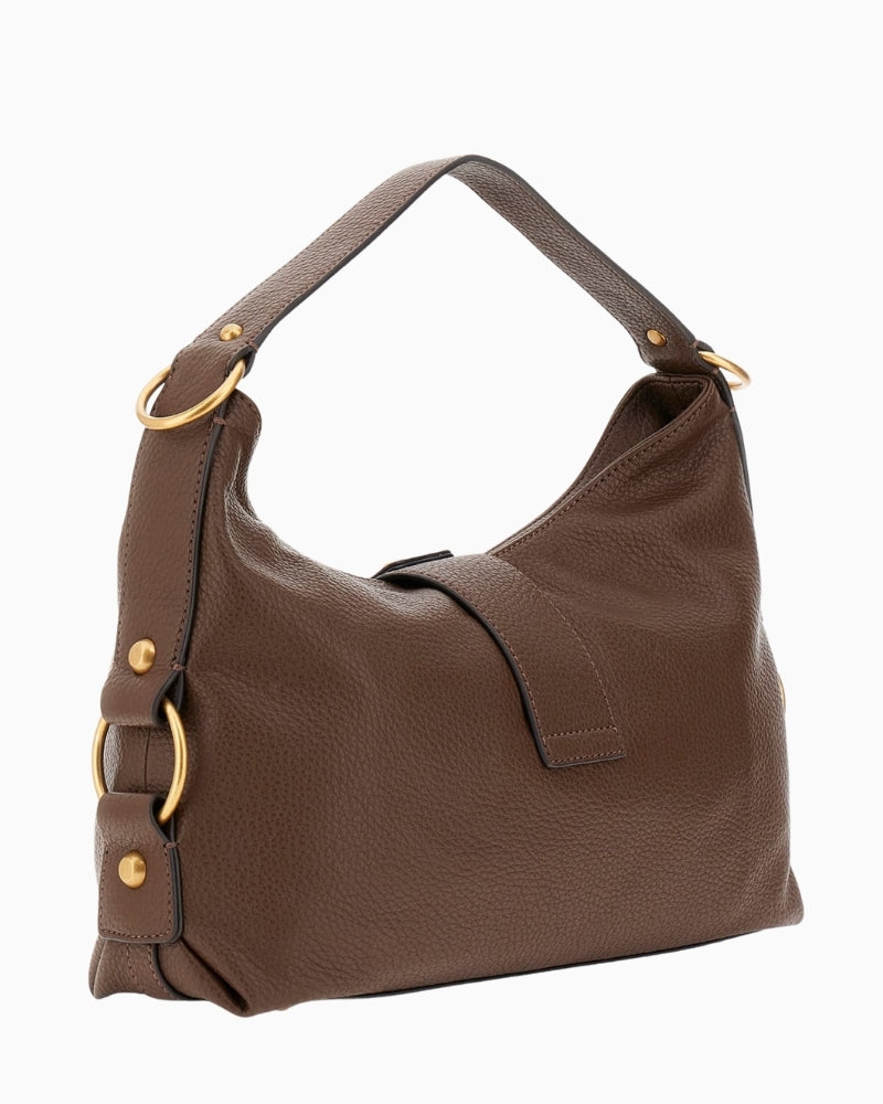 Back view of Guess Camden bag in brown with smooth faux leather finish