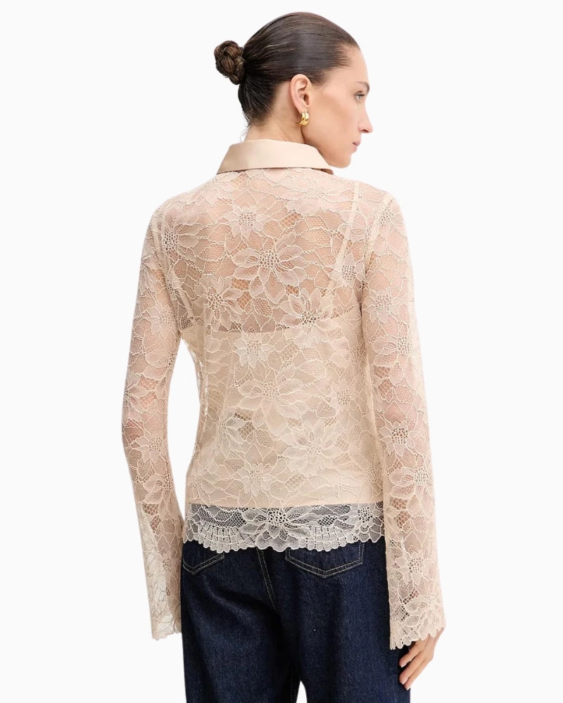 Back view of Guess lace blouse with straight fit and long sleeves